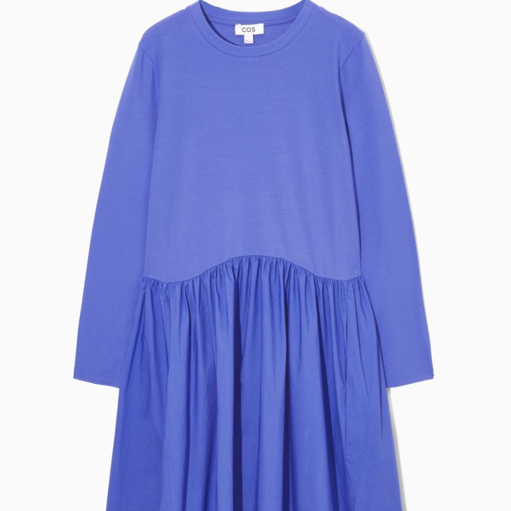 NWT COS LONG-SLEEVED GATHERED MIDI DRESS Size XS Blue